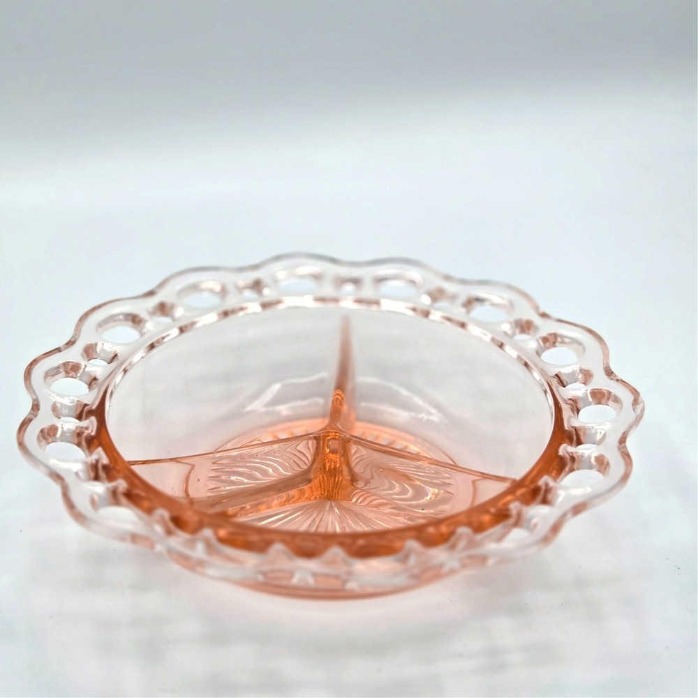 Vintage Old Colony Open Lace Pink‎ Depression Glass 3-Part Relish Dish